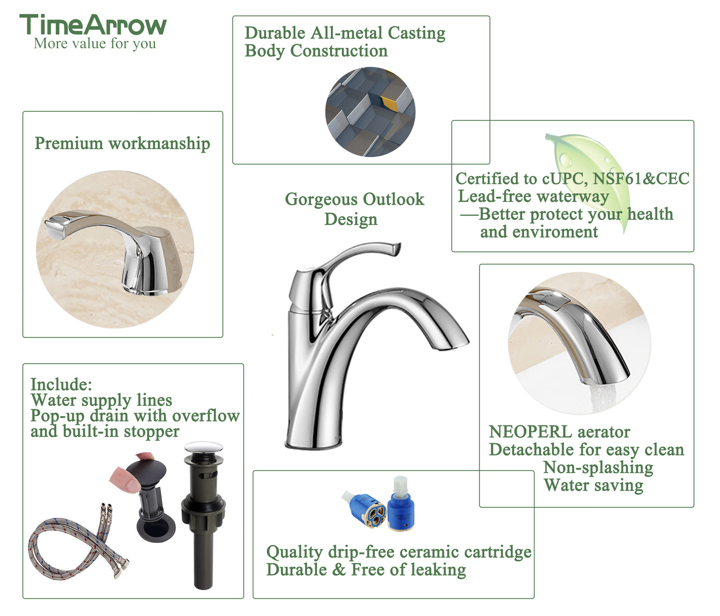 Chrome Single Handle Bathroom Faucet with Pop up Drain and Water Supply Hose