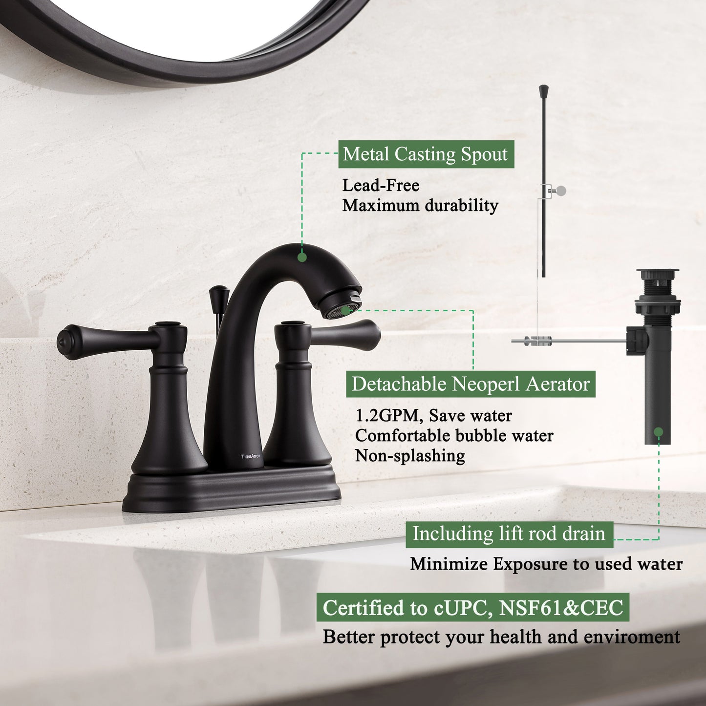 4 Inch Matte Black Bathroom Centerset Faucet with Lift Rod Drain