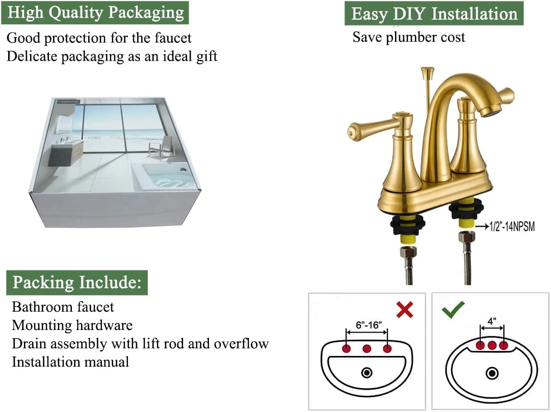 4 Inch Brushed Gold Bathroom Faucet with Lift Rod Drain