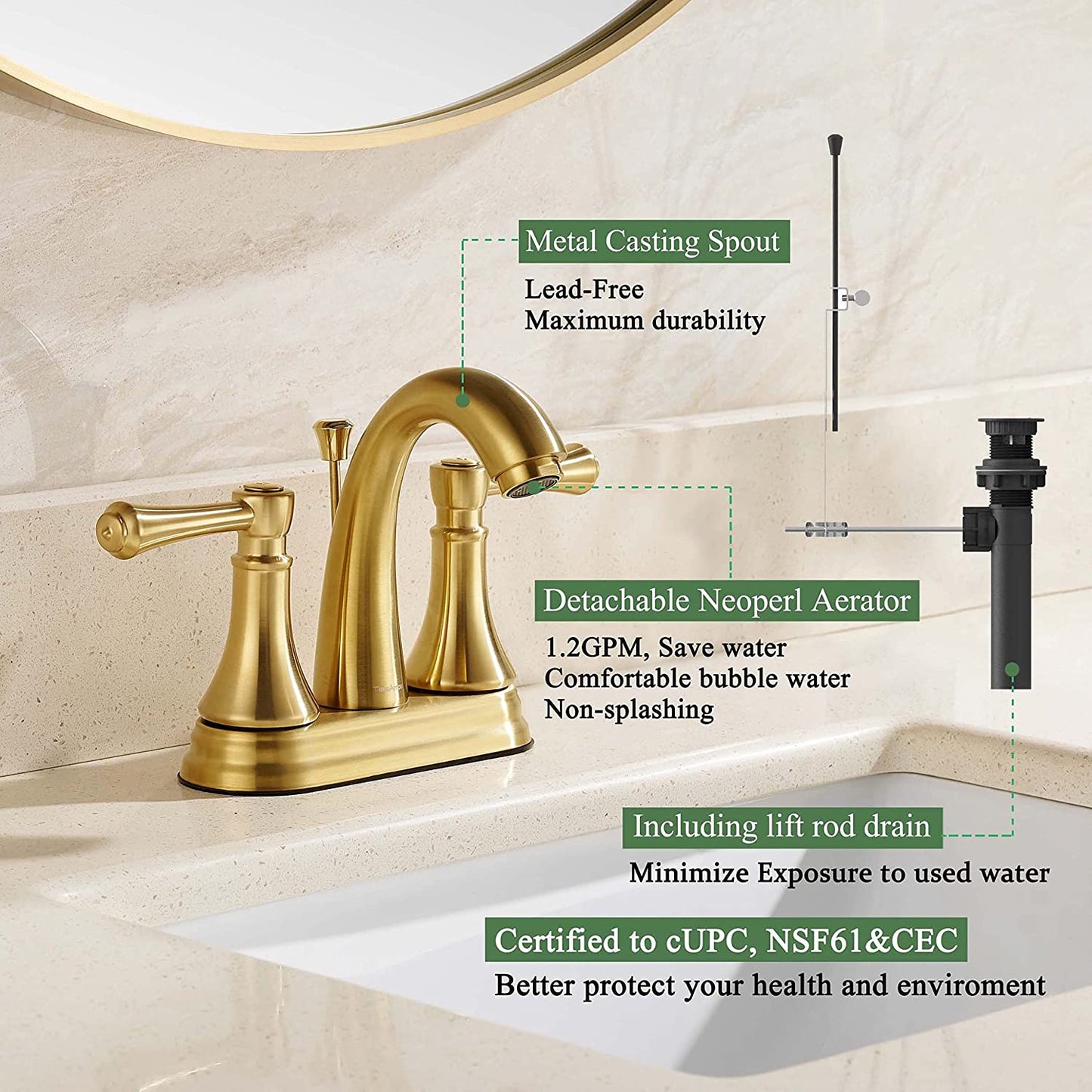 4 Inch Brushed Gold Bathroom Faucet with Lift Rod Drain