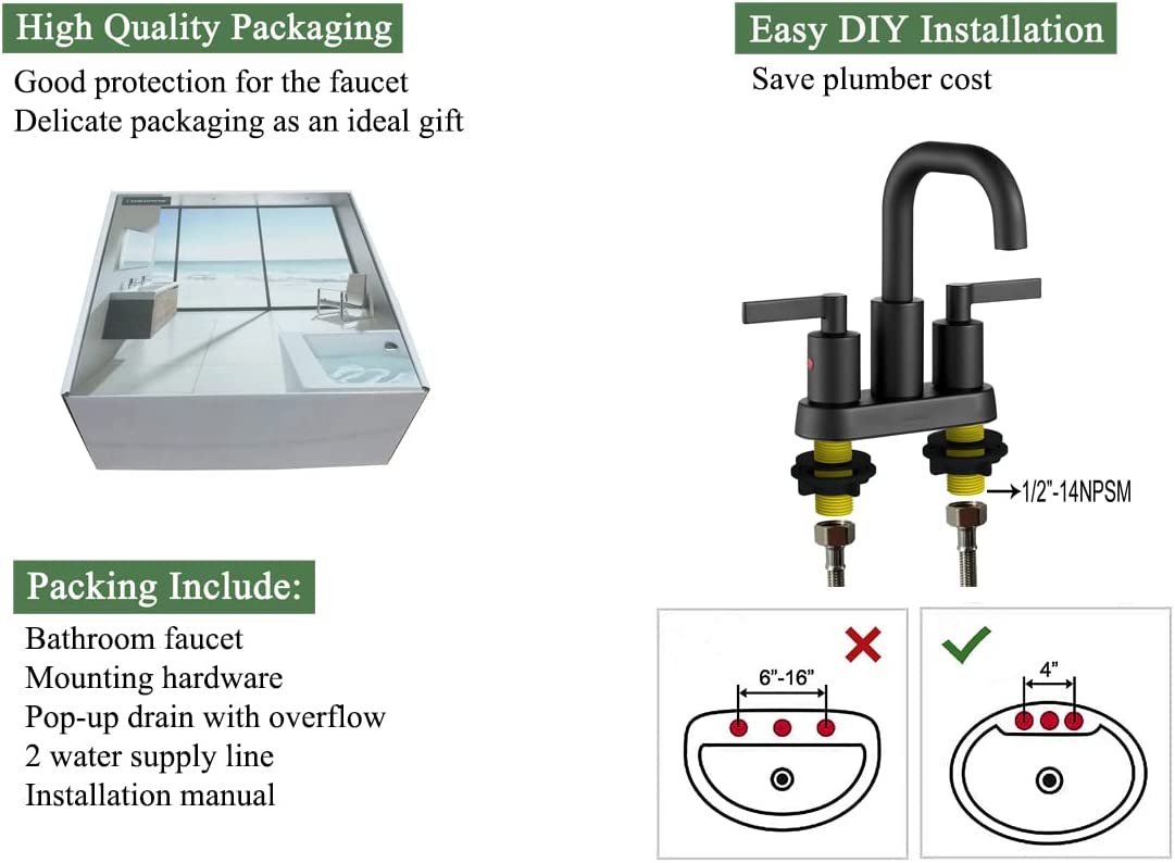4 Inch Matte Black Bathroom Centerset Faucet with Pop up Drain