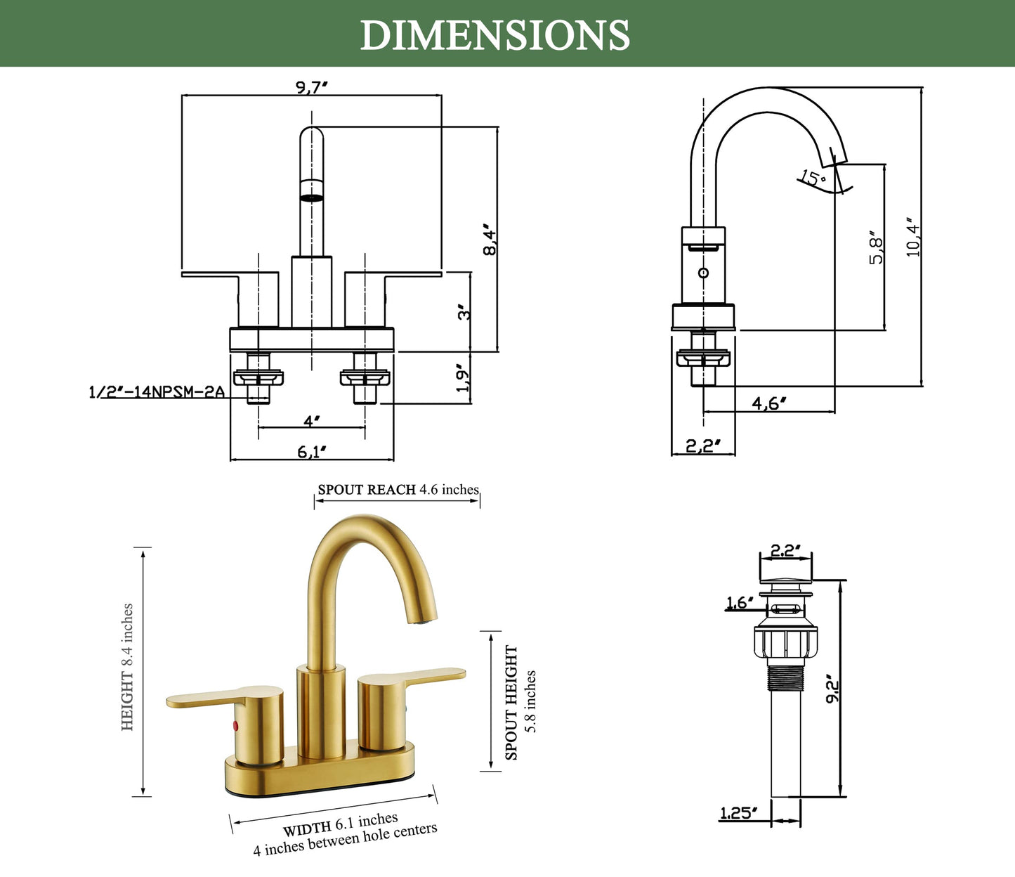 4 Inch Brushed Gold Bathroom Faucet