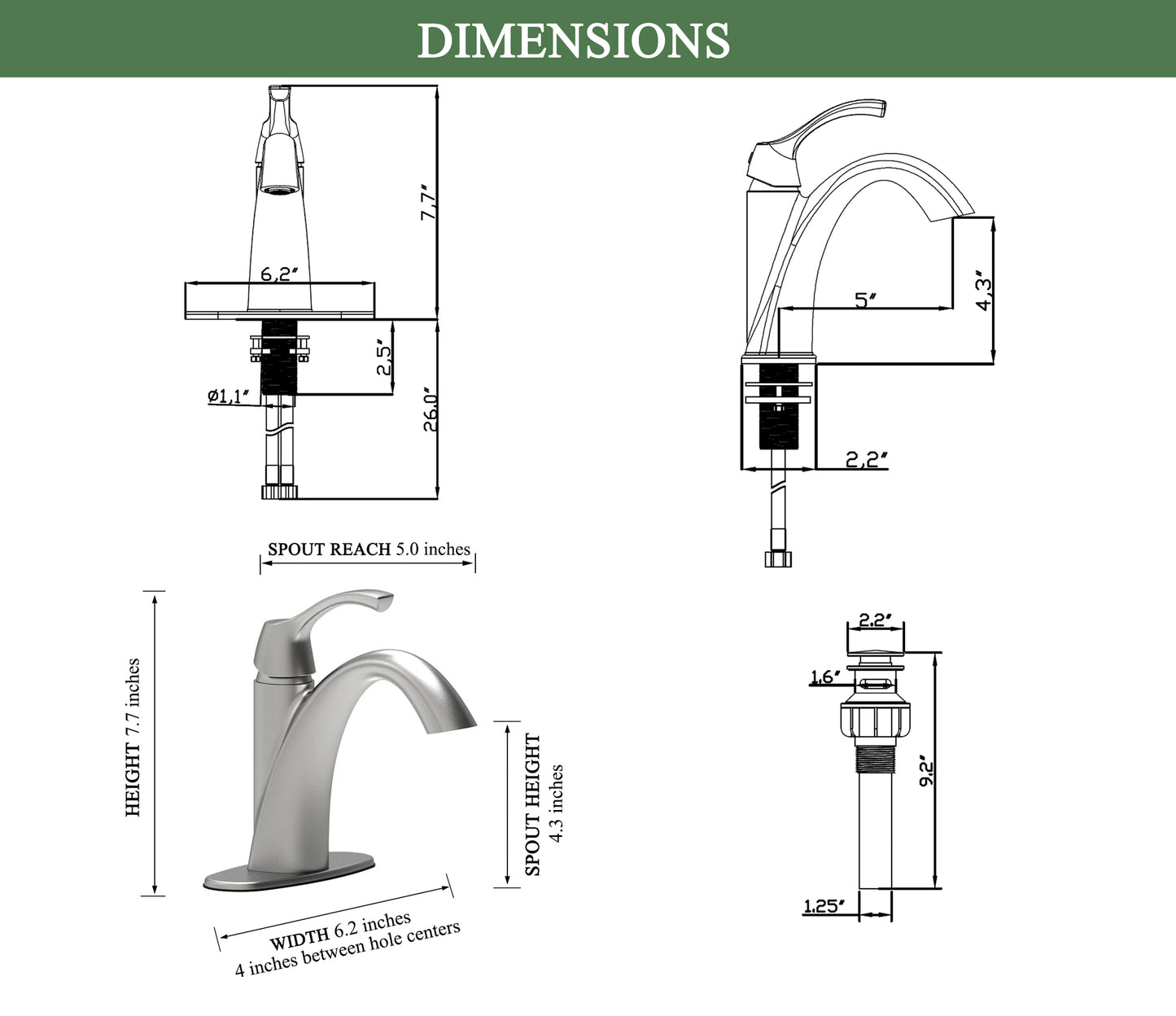 Brushed Nickel Single Handle Bathroom Faucet with Pop up Drain and Water Supply Hose