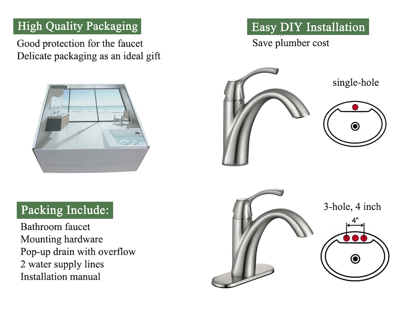 Brushed Nickel Single Handle Bathroom Faucet with Pop up Drain and Water Supply Hose