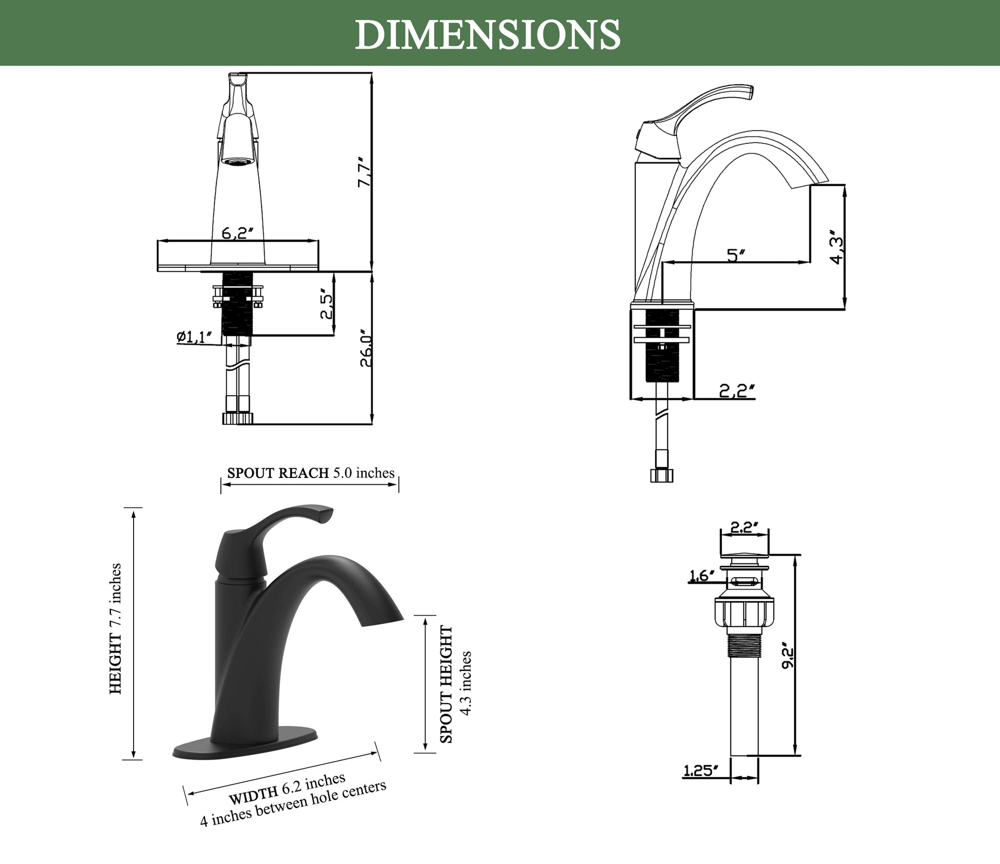 Matte Black Single Handle Bathroom Faucet with Pop up Drain and Water Supply Hose