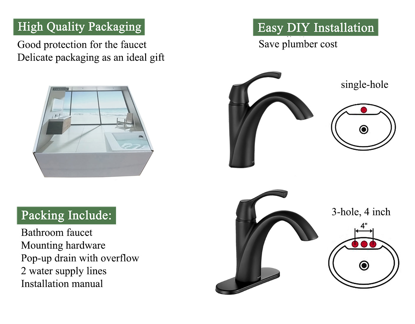 Matte Black Single Handle Bathroom Faucet with Pop up Drain and Water Supply Hose