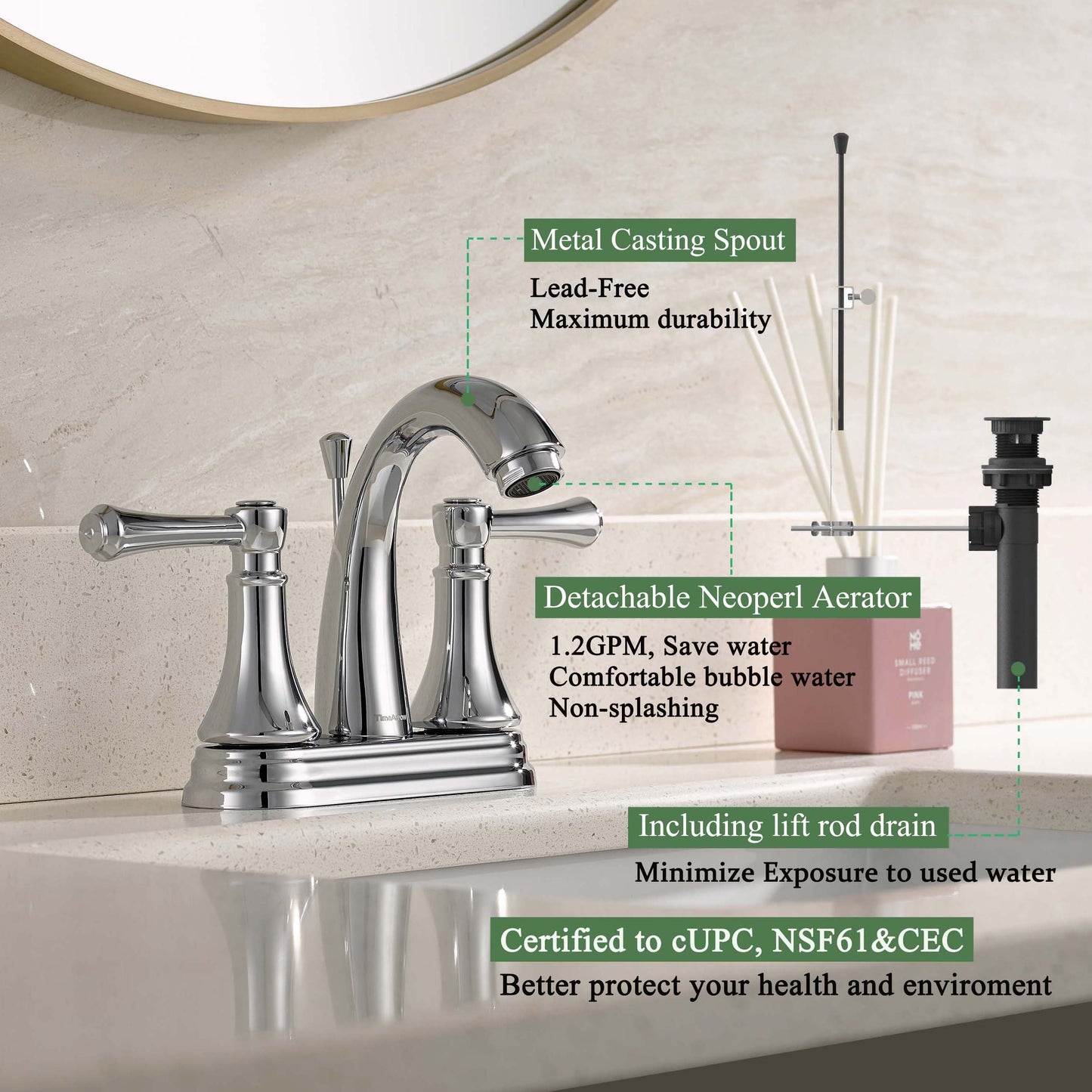 4 Inch Chrome Bathroom Centerset Faucet with Lift Rod Drain