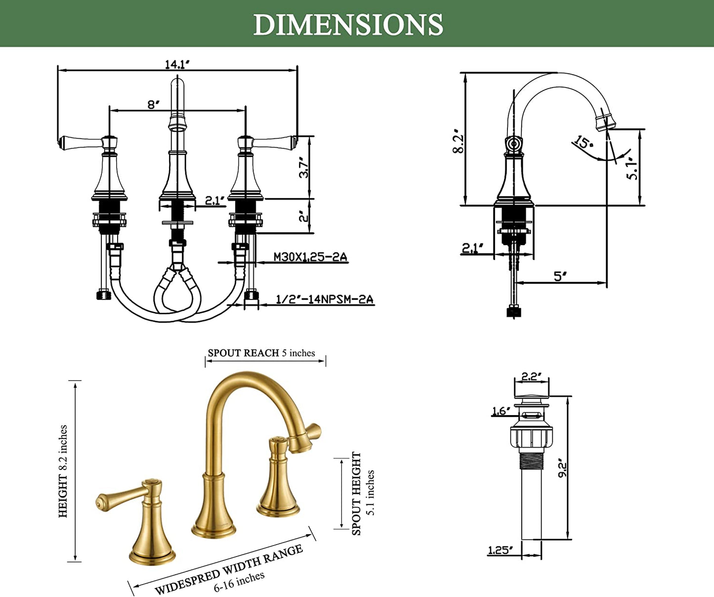 8 Inch Brushed Gold Widespread Bathroom Sink Faucet