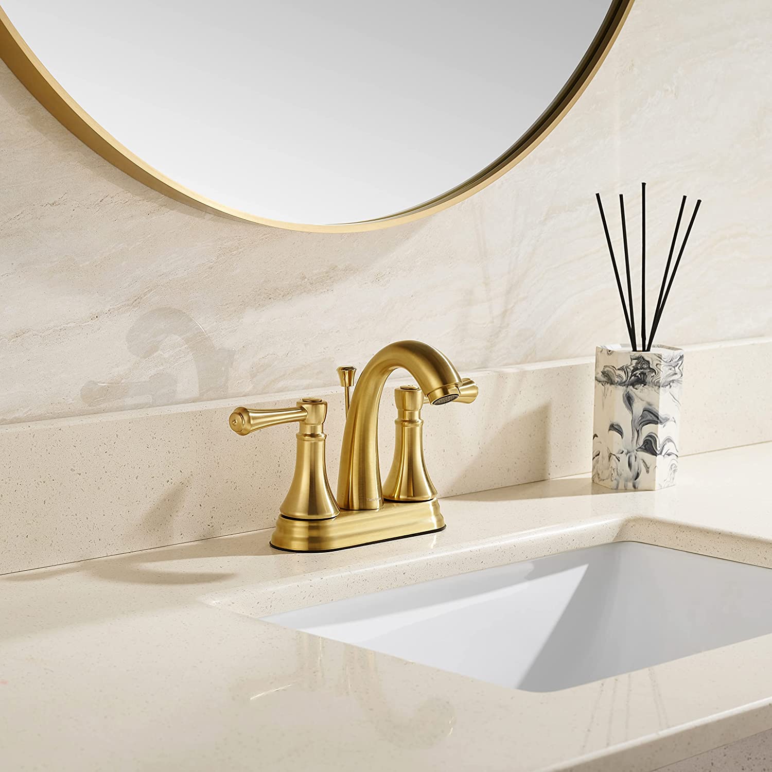 4 Inch Brushed Gold Bathroom Faucet with Lift Rod Drain