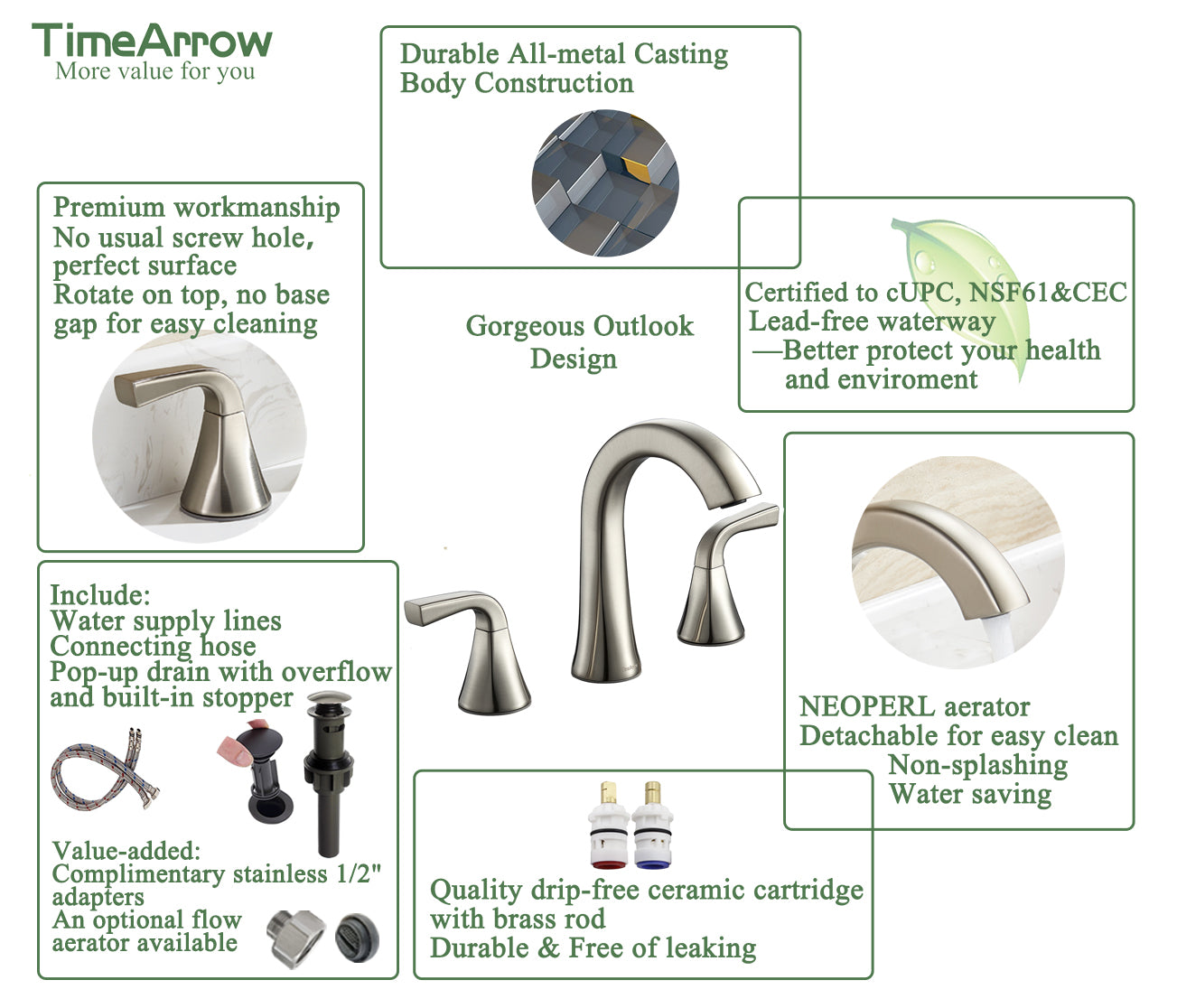 Bathroom Faucet with Pop-up Drain and Supply Lines, Brushed Nickel Widespread Bathroom Sink Faucet for Lavatory Vanity RV Farmhouse, TAF826-BN