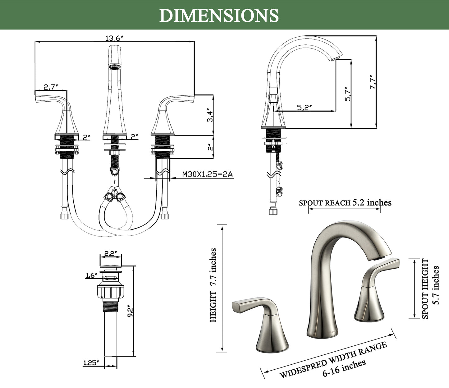 Bathroom Faucet with Pop-up Drain and Supply Lines, Brushed Nickel Widespread Bathroom Sink Faucet for Lavatory Vanity RV Farmhouse, TAF826-BN