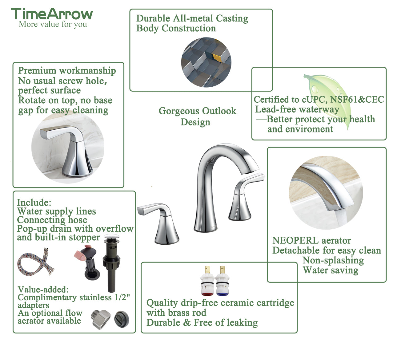 Bathroom Faucet for Sink 3 Hole, Chrome 8 Inch Widespread Bathroom Sink Faucets with Pop-up Drain and Supply Lines, Lavatory Vanity Faucets, TAF826-CP