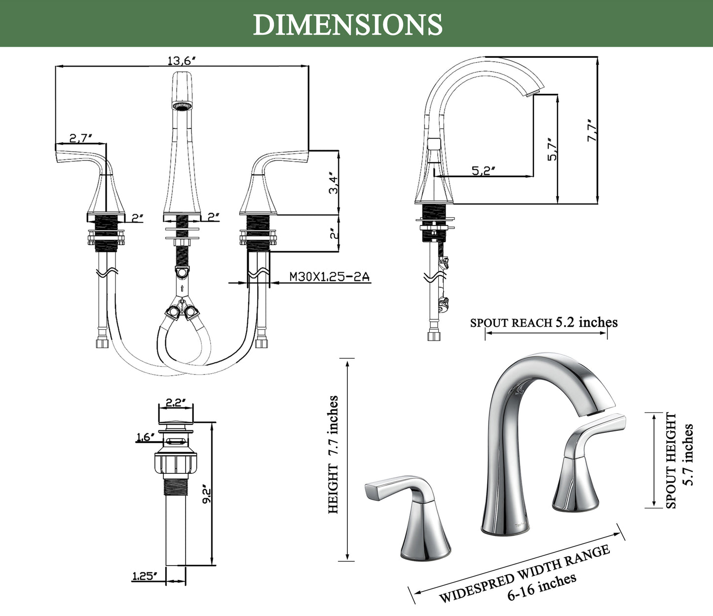 Bathroom Faucet for Sink 3 Hole, Chrome 8 Inch Widespread Bathroom Sink Faucets with Pop-up Drain and Supply Lines, Lavatory Vanity Faucets, TAF826-CP
