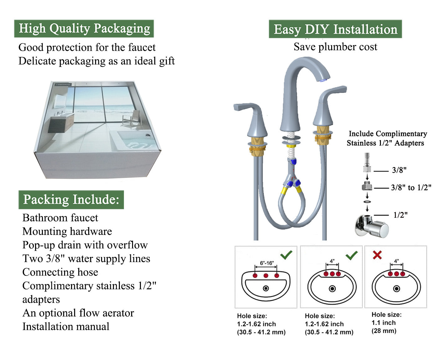Bathroom Faucet for Sink 3 Hole, Chrome 8 Inch Widespread Bathroom Sink Faucets with Pop-up Drain and Supply Lines, Lavatory Vanity Faucets, TAF826-CP