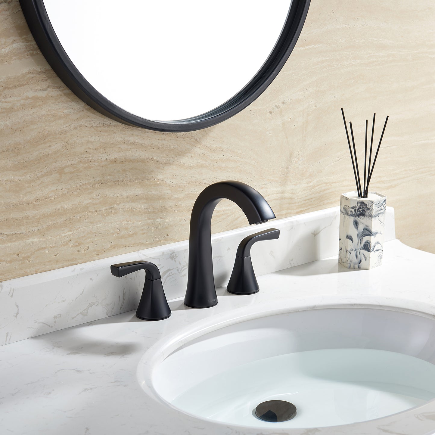 Matte Black Bathroom Sink Faucet, 2 Handle 8 inch Widespread Bathroom Faucet with Pop-up Drain and Water Supply Hose, Lavatory Vanity Faucets, TAF826-MB