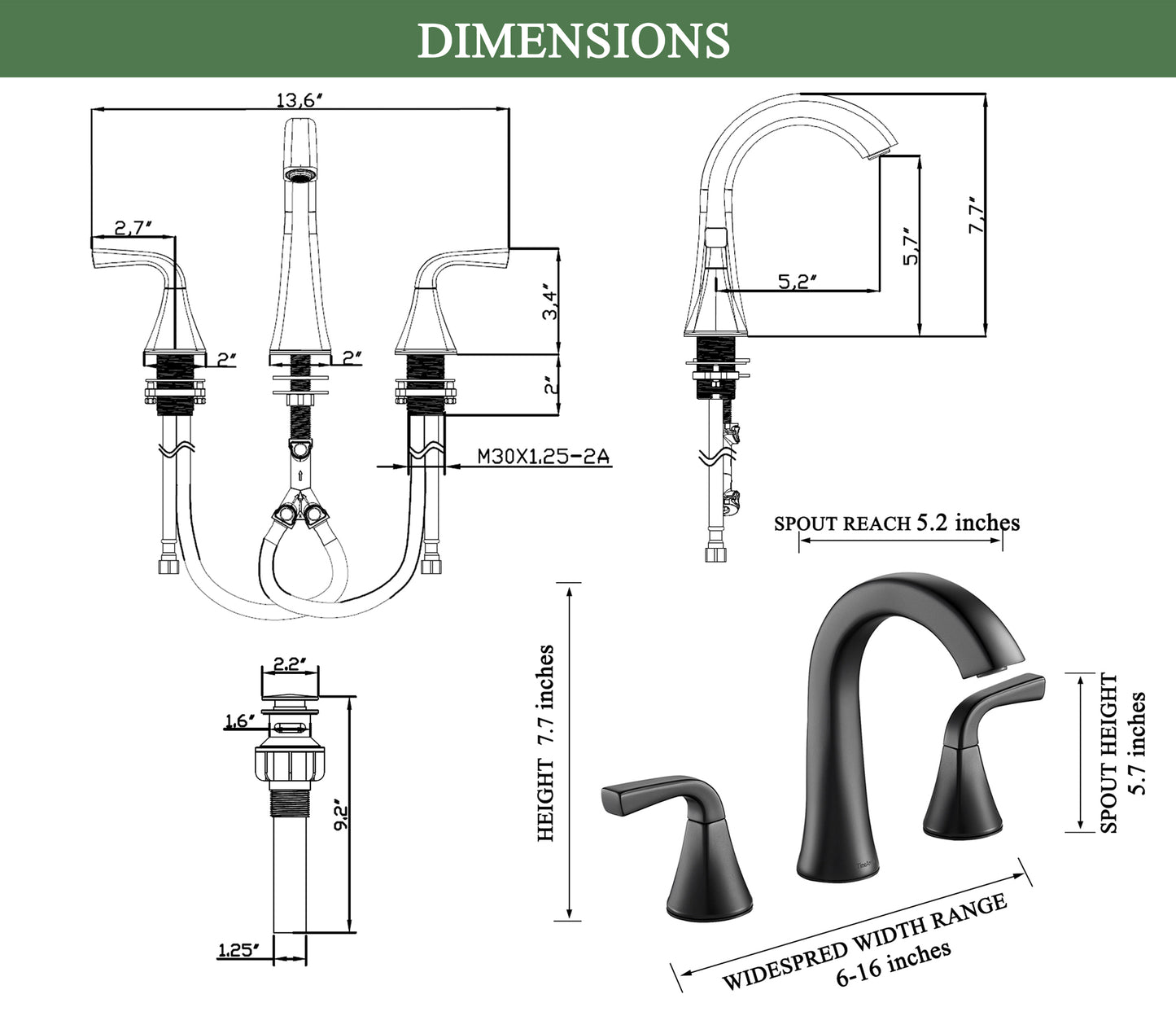 Matte Black Bathroom Sink Faucet, 2 Handle 8 inch Widespread Bathroom Faucet with Pop-up Drain and Water Supply Hose, Lavatory Vanity Faucets, TAF826-MB
