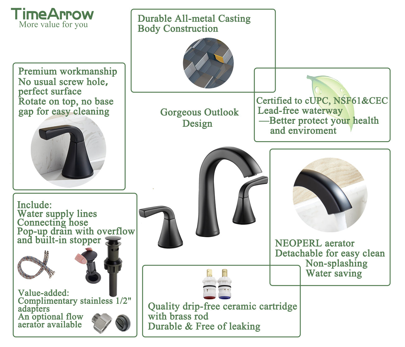 Matte Black Bathroom Sink Faucet, 2 Handle 8 inch Widespread Bathroom Faucet with Pop-up Drain and Water Supply Hose, Lavatory Vanity Faucets, TAF826-MB