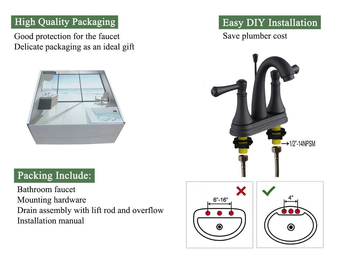 4 Inch Matte Black Bathroom Centerset Faucet with Lift Rod Drain