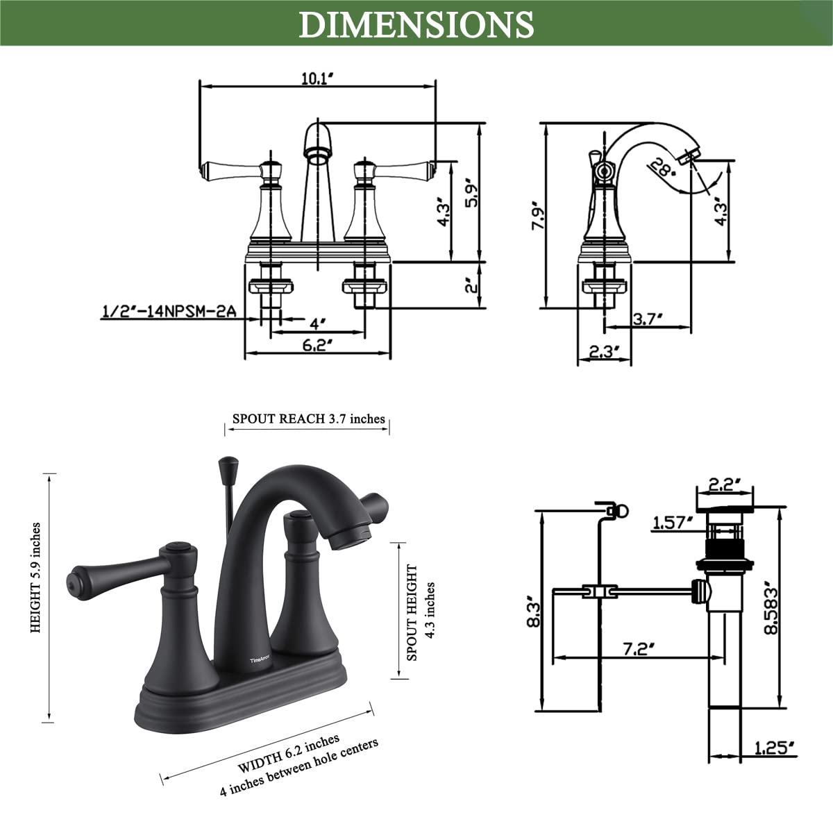 4 Inch Matte Black Bathroom Centerset Faucet with Lift Rod Drain