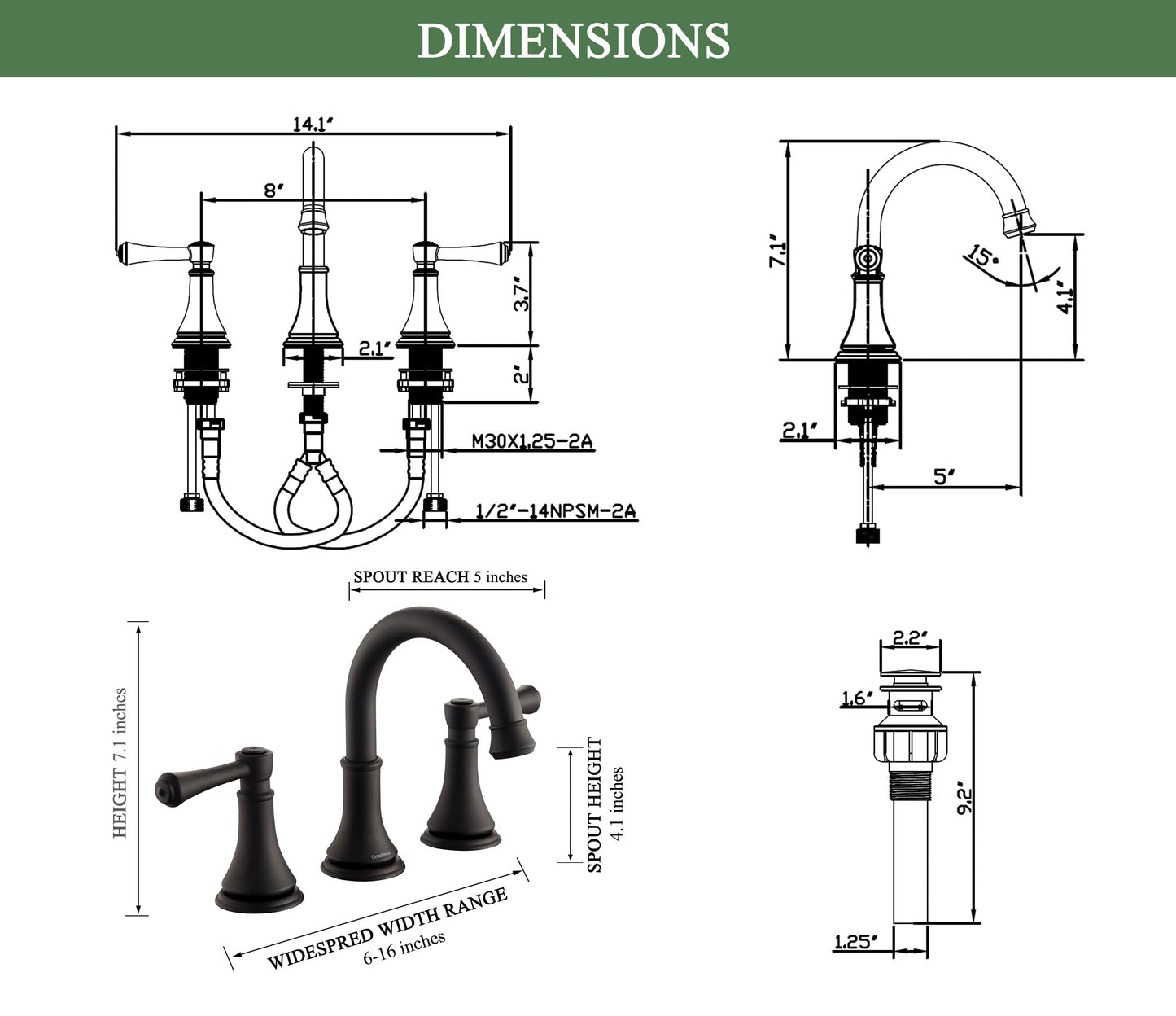 8 Inch Matte Black Widespread Bathroom Sink Faucet